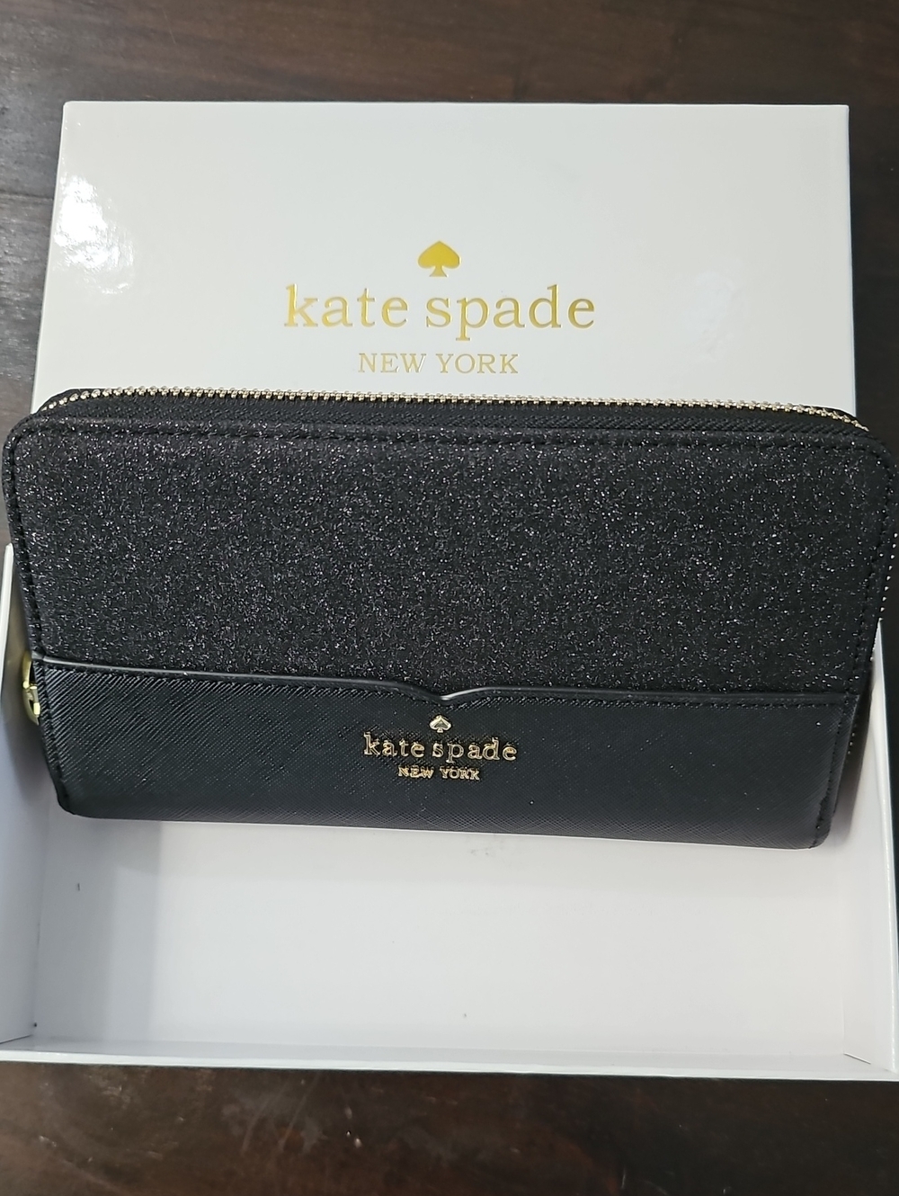 kate spade Black Glitter & Saffiano Zip Around Wallet Gold Hardware NEW IN BOX
